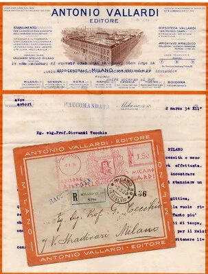 BUSTA  AFFRANCATURA  ROSSA  E TIMBRI  RACCOMANDATA  CON FIRMA VALLARDI 2-3-1934 - Immagine 1 di 2