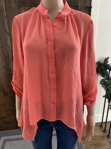 Scharnier Bluse Größe Small Koralle Knopfleiste Langarm Seide Damen NEU - 031 - Bild 1 von 7