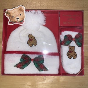 Vintage Kmart 2 Piece Hat & Mitten Set NEW With Bear Plaid Bow Prop - Picture 1 of 4
