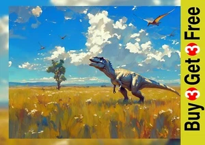 Tyrannosaur Field Scene Print 5"x7" Print on Matte Paper | Fantasy Dinosaur Art - Picture 1 of 17