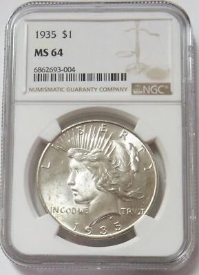 1935 PEACE SILVER DOLLAR $1 COIN NGC MINT STATE 64 - Image 1 of 2