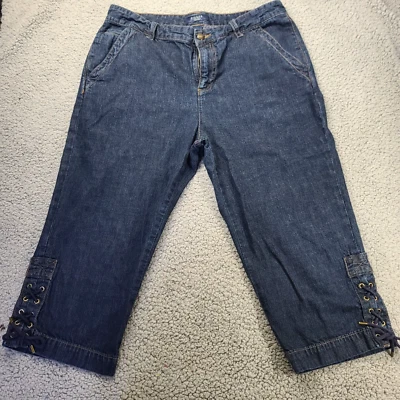 Pantalones de mezclilla azules recortados 10P para mujer Chaps dobladillo con cordones usados en excelente estado Foto 1 de 4