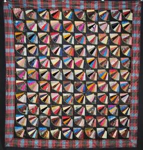 VICTORIAN PIECED FAN PATTERN SILK CRAZY QUILT, HAND EMBROIDERED, c1900 - Picture 1 of 12