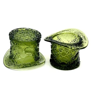 Vintage Top Hat Daisy Button Avocado Green Pressed Glass Vase 3.5" Set Of Two - Picture 1 of 6