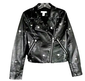 Faux Leather Motorcycle Jacket Sz 6 Embroidered Eagle Metal Grommets Hearts Blk - Picture 1 of 6