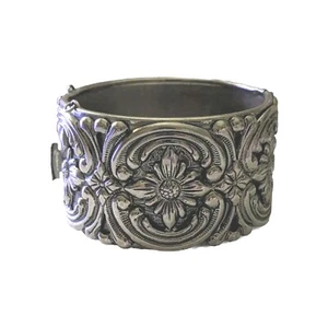 Vintage Wide Silver Floral Cuff Bracelet Unmarked 1 &1/2" Wide - Picture 1 of 5