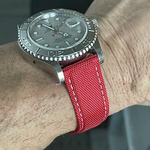 20mm RED Sailcloth Canvas/Leather watch band strap WHITE Stitch