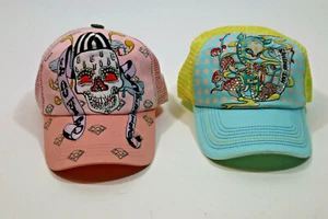 Set of 2 Pink Yellow Blue Trucker Hats Four Forty One 441 Tattoo Art Mesh Caps - Picture 1 of 12