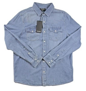 True Religion Mens Chambray Shirt M Long Sleeve Western Style Pearl Snap BlueNEW - Picture 1 of 7