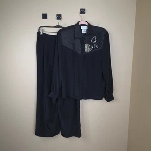 Vintage Anne French 100% Silk Button Up Pant Suit in Black Size 12 - Picture 1 of 11