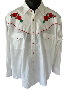 Ely Diamond Western Hemd Herren Large weiß rot Perlen Druckknopf Rose bestickt LS - Bild 1 von 11
