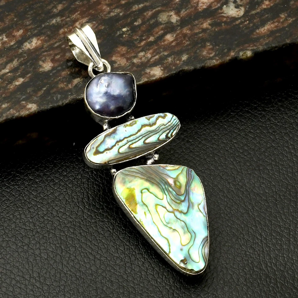 Abalone Shell Biwa Pearl Gemstone Ethnic Handmade Pendant Jewelry 2.88" AP-40730 - Image 1 of 1