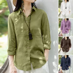 Damen Baumwolle Langarm T-Shirt Damen lässig lose Bluse Button Down Tops Tee - Bild 1 von 17