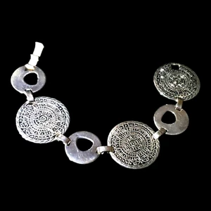 7.5" 33mm x 23mm Heavy 45g Solid Sterling Silver Sun Dial Link Bracelet, Mexico - Picture 1 of 4