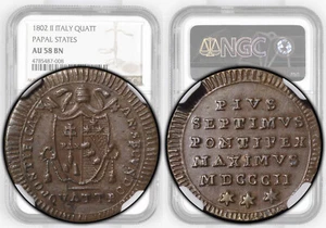 PAPAL STATES, VATICAN, Pius VII, Quattrino 1802 R, Top Pop, NGC AU 58 BN - Picture 1 of 8