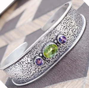 Peridot Cut, Amethyst Gemstone Jewelry 925 Sterling Silver Man's Cuff Bracelet - Picture 1 of 5
