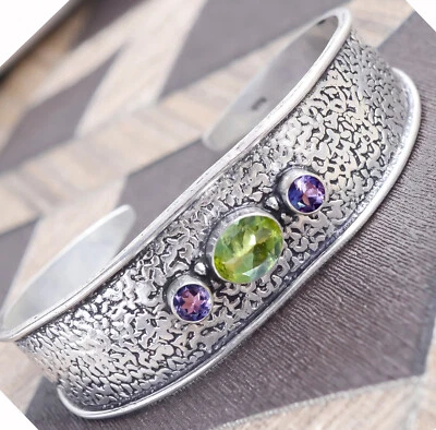 Peridot Cut, Amethyst Gemstone Jewelry 925 Sterling Silver Man's Cuff Bracelet - Image 1 of 4