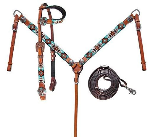 Showman Turquoise/orange Beaded Aztec Headstall and Breast Collar Set W/ Reins