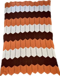 Vintage Crochet Afghan Throw Blanket Chevron Fall Colors Large 82”x58” - Picture 1 of 5