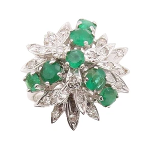 18K GOLD Vintage Ring Round Cut Emerald & Diamonds Flower Sz 5 GR973 - Picture 1 of 8