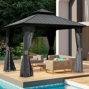 SHPAI 10’x10‘ Outdoor Aluminum Hardtop Gazebo,w/ Curtains and Netting,Dark Grey - Picture 1 of 9