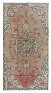 3.5x6.4 Ft Hand Knotted Vintage Turkish Rug in Soft Red, Beige & Navy Blue - Picture 1 of 5