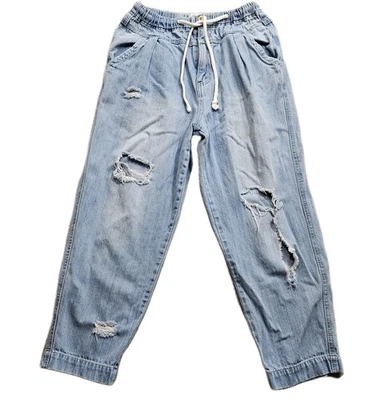 Caballete Bolsa de Papel Cintura Alta Jeans Mujer Pequeño Azul Claro Lavado Cintura Elástica Recortada Foto 1 de 4