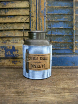 Antique Tin Cream Can Blue Calico Sleeve Corn Cake Biskets Label Tin Fork - Image 1 of 4