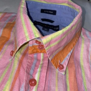 VTG Tommy Hilfiger Linen Shirt Button Down Men Medium Striped Flip Cuff Colorful - Picture 1 of 13