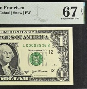 2003A $1 Federal Reserve Note PMG 67EPQ popular wanted low serial number 3936 - Picture 1 of 4