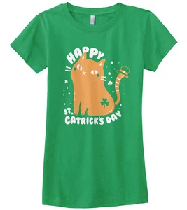 Happy St Catrick's Day St Patrick's Cat Girls Fitted T-Shirt Funny Irish - Picture 1 of 2