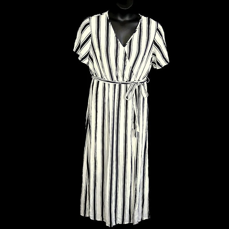 Cato Womens sz 14 16 W Faux Wrap Dress Blue White Striped Short Slv V Neck Belt - Image 1 of 4