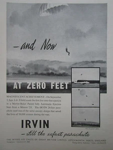 11/1955 PUB IRVING IRVIN PARACHUTE ZERO FEET EJECTION MARTIN BAKER METEOR AD - Picture 1 of 1