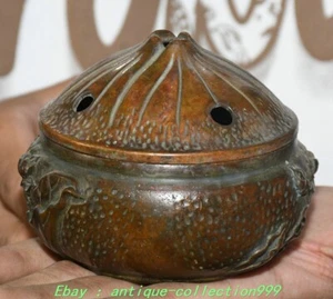 3.1" Old China Dynasty Pure Bronze Fengshui Lotus Flower Incense Burner Censer - Picture 1 of 9