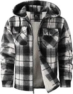 ZITY Men's Flannel Hooded Jacket Fleece Sherpa Lined Plaid Shirts Jackets Zip Up - Picture 1 of 21