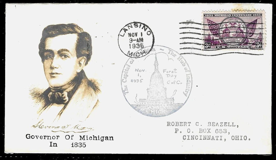 775 3c Stamp (1935) MICHIGAN CENTENARY FDC BY ROBERT BEAZELL - PLANTY 775 - 6h - Image 1 of 1