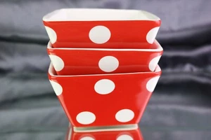 222 Fifth Sugarland 3 Red Square Bowls White Polka Dots 4 3/8 " - Picture 1 of 5
