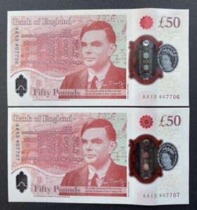 £50 Alan Turing neuwertig unzirkuliertes aufeinanderfolgendes Paar, Sarah John AA13 Präfix