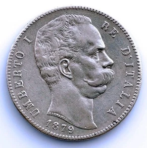 S.C. Italia - Humberto I. 5 Liras 1879 Roma. MBC+/VF+ Plata 24,8 g. ESCASA. - Picture 1 of 2