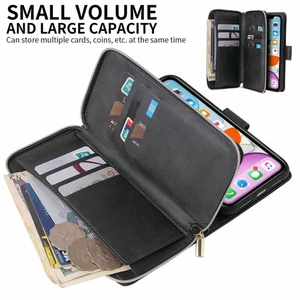 For iPhone 14 13 Pro Max 11 12 XR 7 8 PU Leather Flip Zip Card Wallet Case Cover - Picture 1 of 28