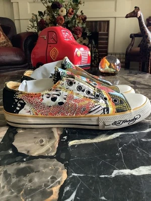 Vintage y2k Ed Hardy Crystal Encrusted Canvas Sneakers Women’s 8 Koi Fish Skull - Image 1 of 4