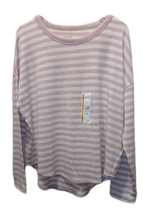 NWT Time And Tru Hacci Knit Sweater Tee Woman Sz Large White Pink Stripe Casual - Picture 1 of 10