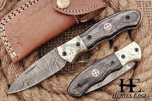 HUNTEX Handmade Damascus Blade, Pakkawood Handle, 90mm Hunting Boot Pocket Knife - Picture 1 of 7