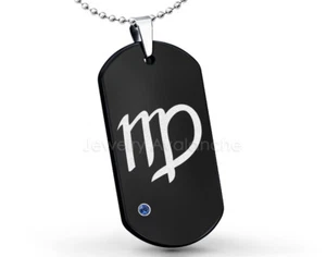 Virgo Zodiac Sign Dog Tag Tungsten Pendant Mens 0.07ct Blue Sapphire Pendant - Picture 1 of 27