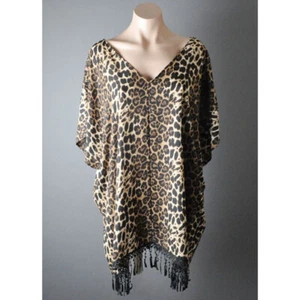 Braun Leopardenmuster bequem lässig Fransen V-Ausschnitt locker eine Schulter Top Bluse S - Bild 1 von 7