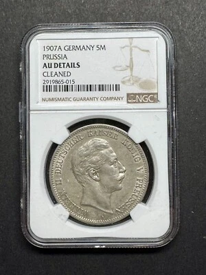 1907A Germany Silver 5 M Prussia NGC AU Details Cleaned - Image 1 of 3