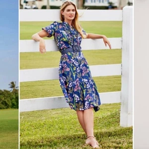 J. Mclaughlin M Harper Silk Puff Sleeve Dress Navy Multi Floral Midi Cottagecore - Picture 1 of 11
