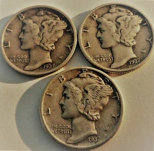 1937 PDS Set of three Mercury Dimes circulated 90% Silver VF to XF Extra Fine - Picture 1 of 2