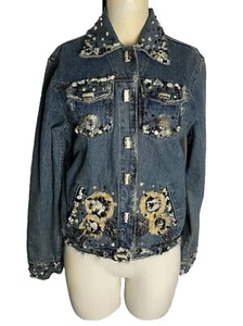 MARY FRANCES BLUE DENIM JACKET EMBELLISHED BEADED JEWELS STONES SUPER GLAM SZ. S - Picture 1 of 24