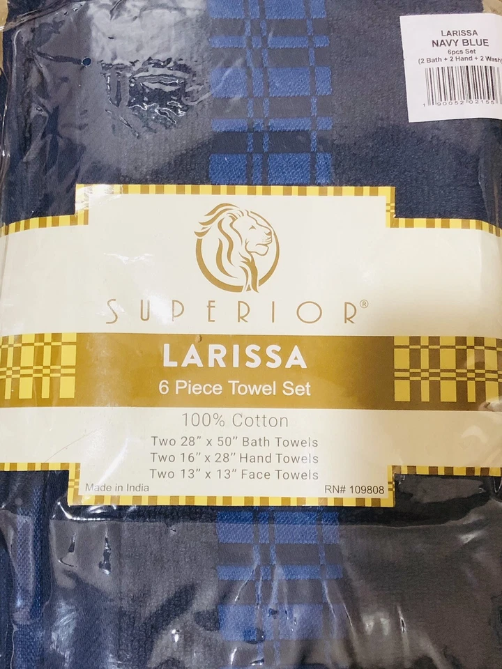 Juego de toallas SUPERIOR Larissa azul marino borde a cuadros 6 piezas 100 % algodón, India Foto 1 de 4